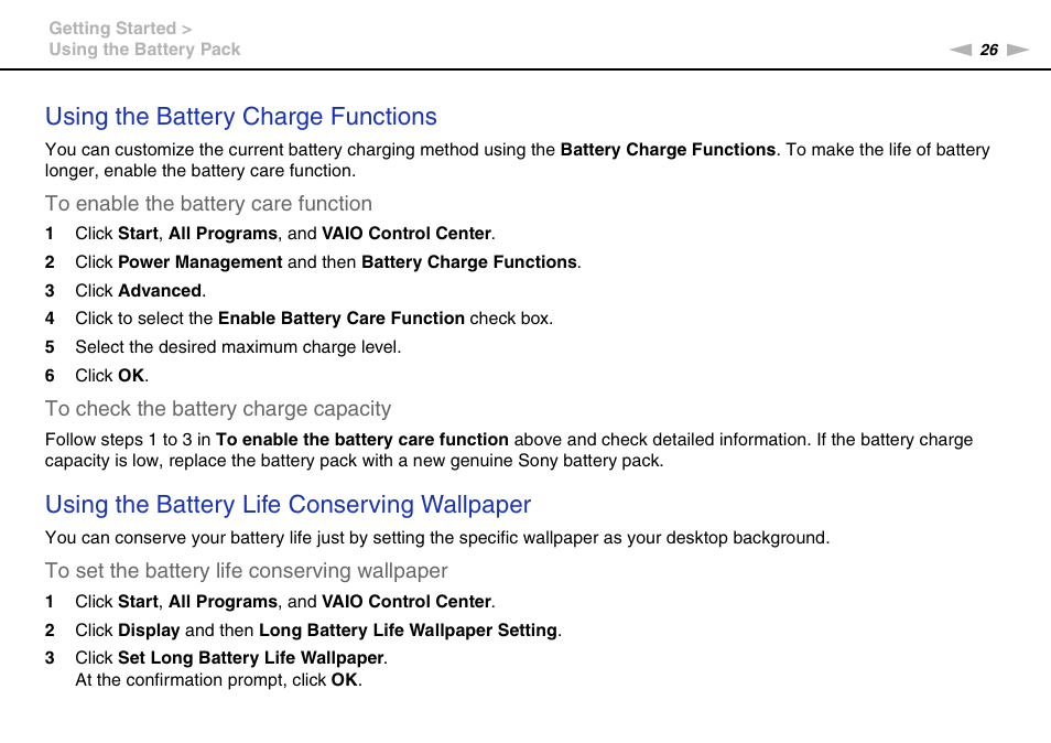 Using the battery charge functions, Using the battery life conserving wallpaper | Sony VGN-SR490DDB User Manual | Page 26 / 203