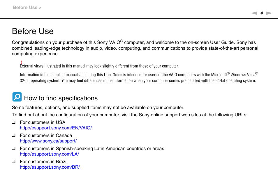 Before use, How to find specifications | Sony VGN-SR490DDB User Manual | Page 4 / 203