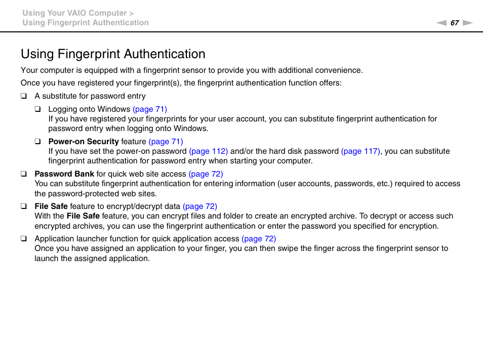 Using fingerprint authentication | Sony VGN-SR490DDB User Manual | Page 67 / 203