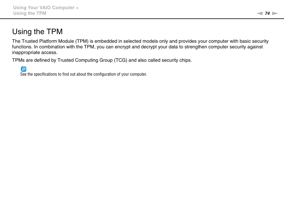 Using the tpm | Sony VGN-SR490DDB User Manual | Page 74 / 203