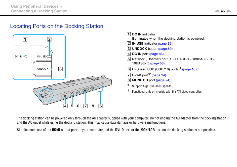 Locating ports on the docking station | Sony VGN-SR490DDB User Manual | Page 85 / 203