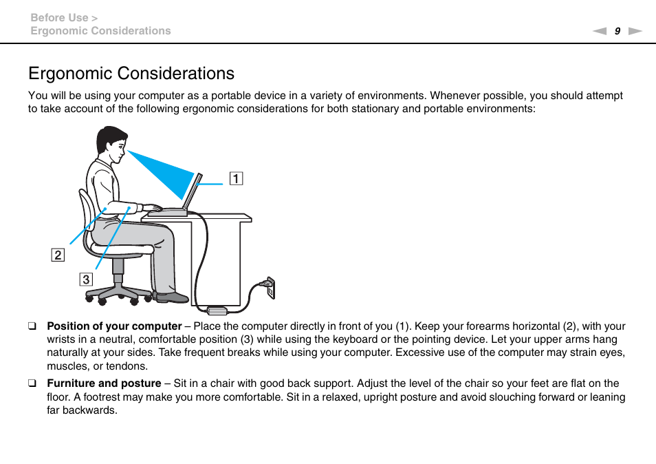 Ergonomic considerations | Sony VGN-SR490DDB User Manual | Page 9 / 203