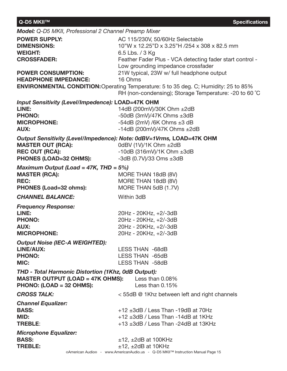 American Audio Q-D5 User Manual | Page 15 / 16