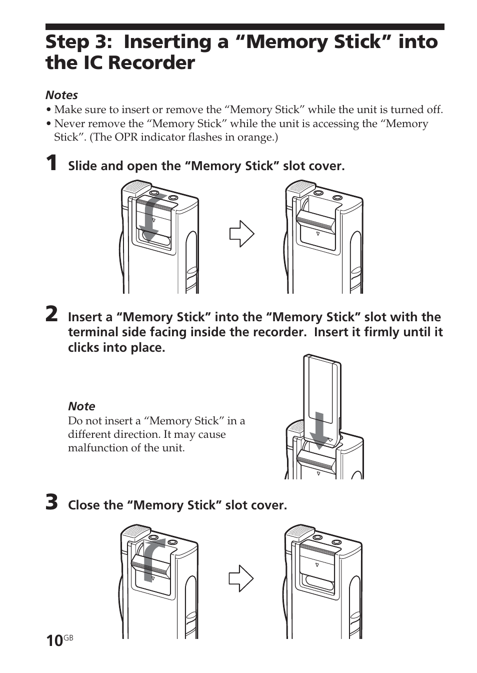 Memory stick”, inserting | Sony ICD-BM1VTP2 User Manual | Page 10 / 68