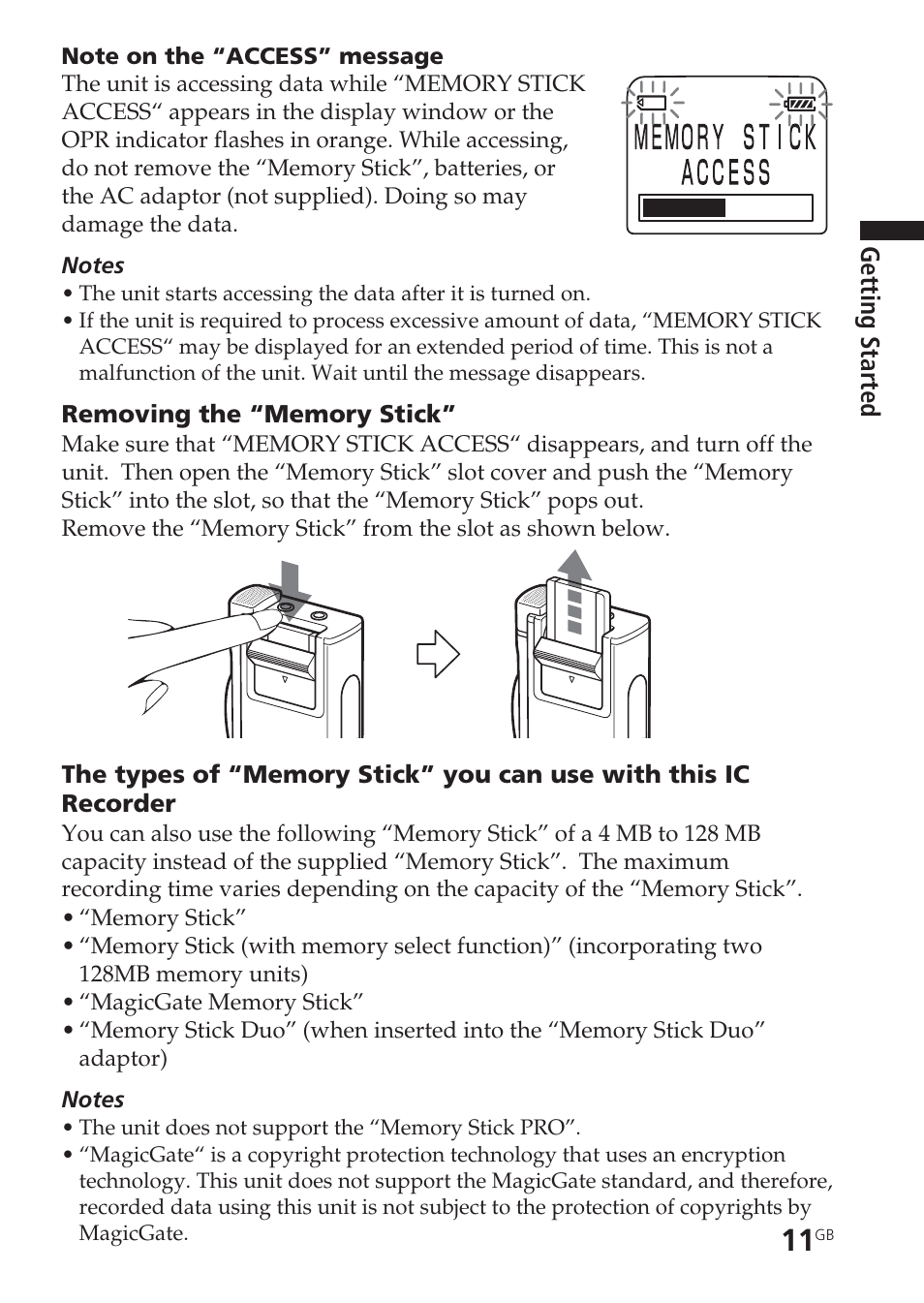 Access“ message, Memory stick”, types | Sony ICD-BM1VTP2 User Manual | Page 11 / 68