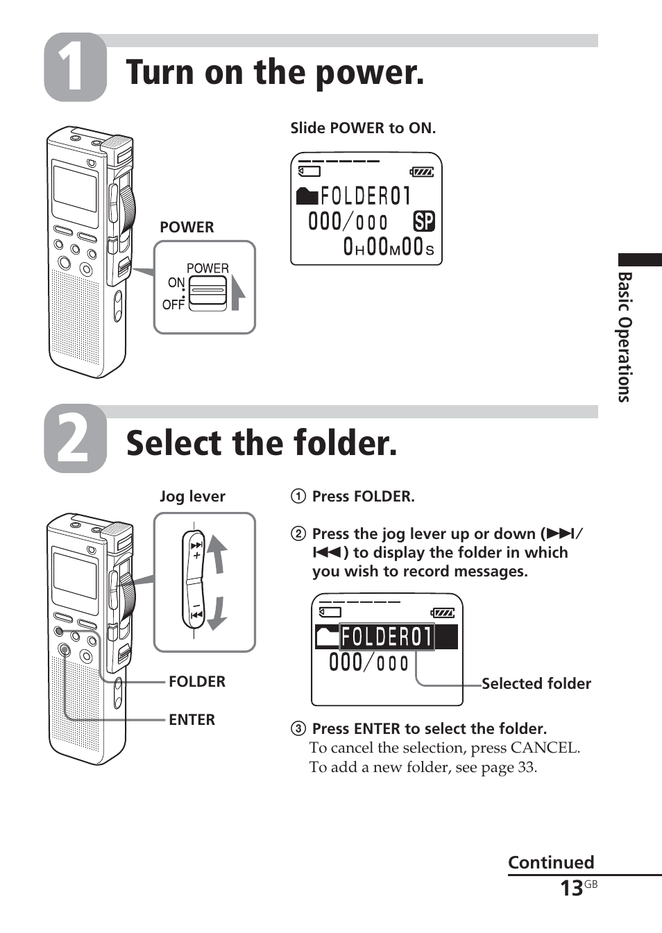 Folder, selecting, Turn on the power, Select the folder | Sony ICD-BM1VTP2 User Manual | Page 13 / 68