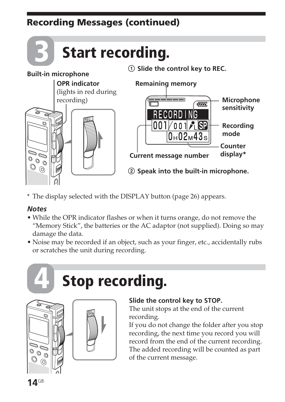 Built-in microphone, Message number, Microphone, built-in | Opr indicator, Stop recording, Start recording | Sony ICD-BM1VTP2 User Manual | Page 14 / 68