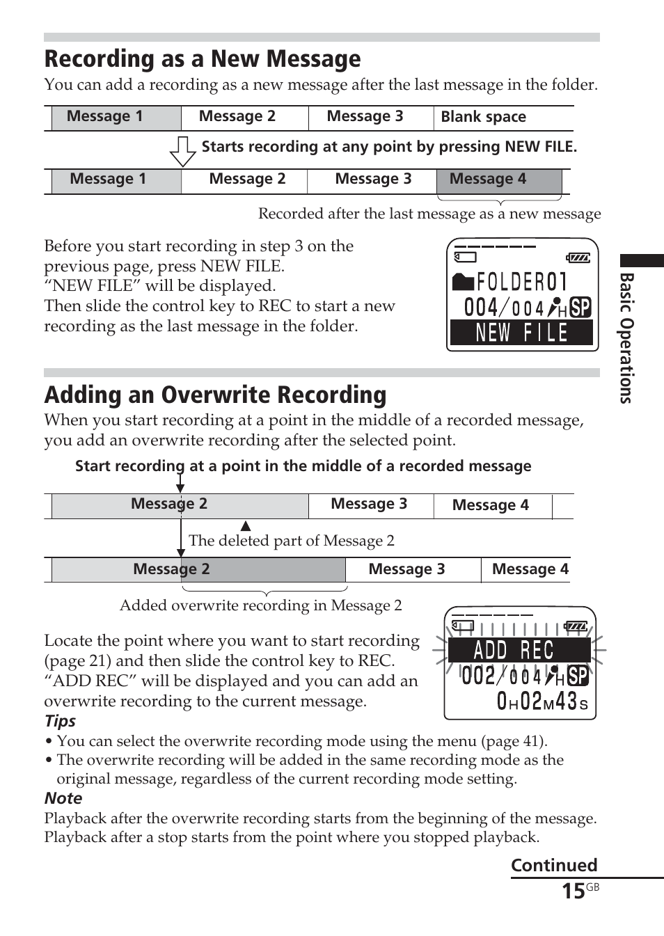 Recording as a new message, Adding an overwrite recording, New file | Overwrite recording | Sony ICD-BM1VTP2 User Manual | Page 15 / 68