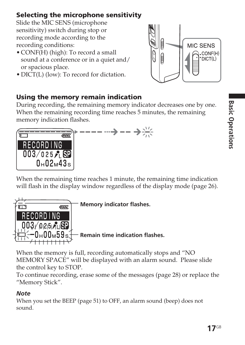 Microphone sensitivity, Remaining memory | Sony ICD-BM1VTP2 User Manual | Page 17 / 68