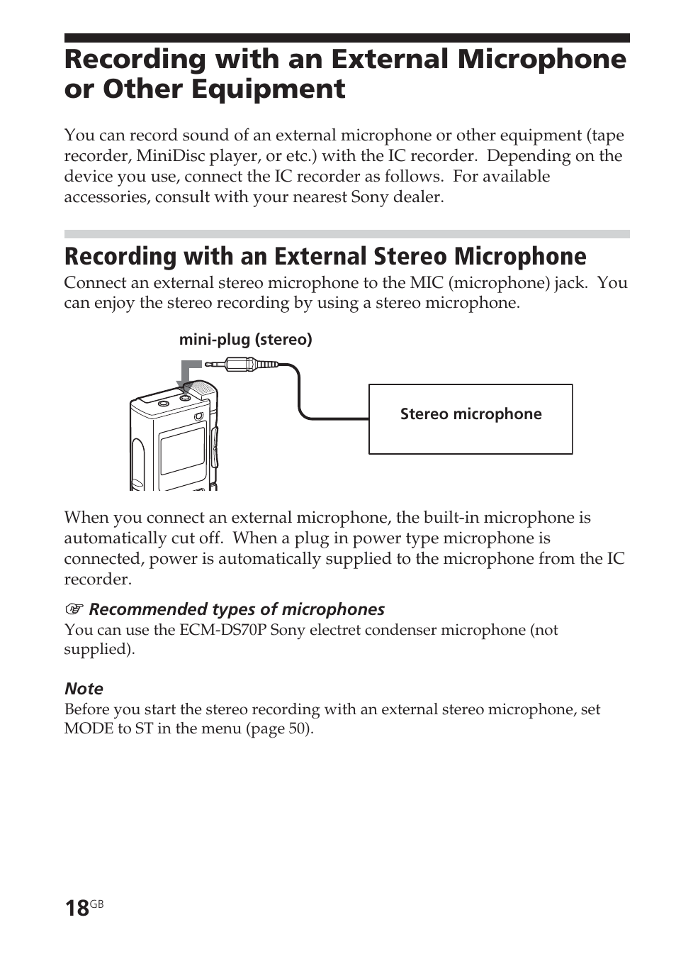 Recording with an external stereo microphone, Connecting, external microphone, External microphone | Microphone, connecting, Microphone, external, Plug in power | Sony ICD-BM1VTP2 User Manual | Page 18 / 68