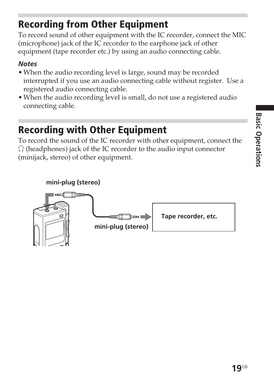 Recording from other equipment, Recording with other equipment, Connecting, other equipment | Sony ICD-BM1VTP2 User Manual | Page 19 / 68