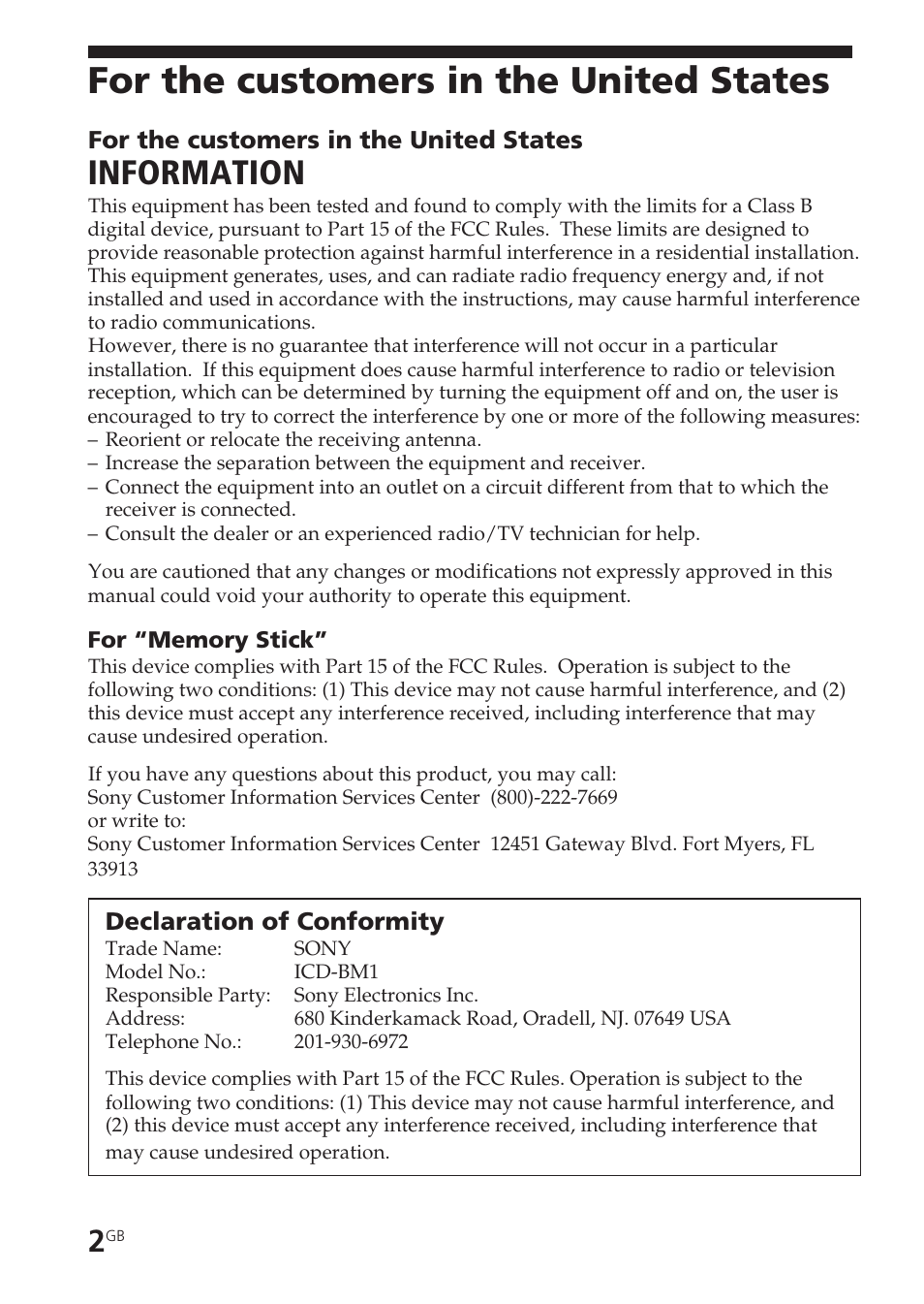 For the customers in the united states, Information | Sony ICD-BM1VTP2 User Manual | Page 2 / 68