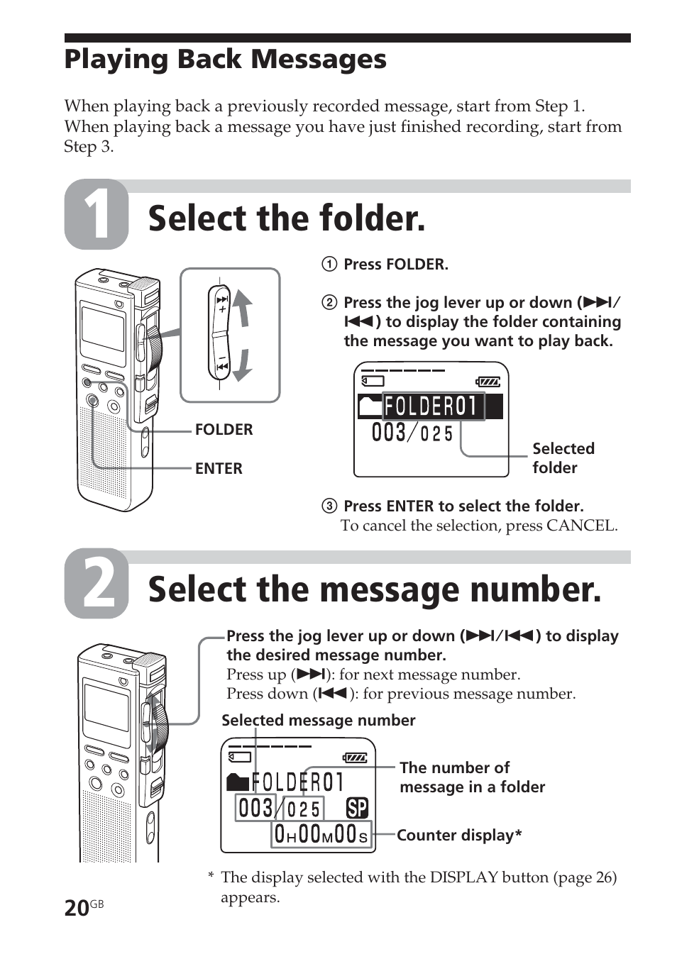 Playing back messages, Message, playback, Playback | Select the message number, Select the folder | Sony ICD-BM1VTP2 User Manual | Page 20 / 68