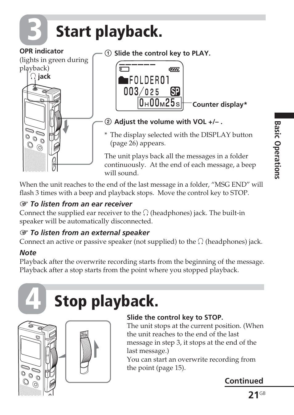 Stop playback, Start playback | Sony ICD-BM1VTP2 User Manual | Page 21 / 68