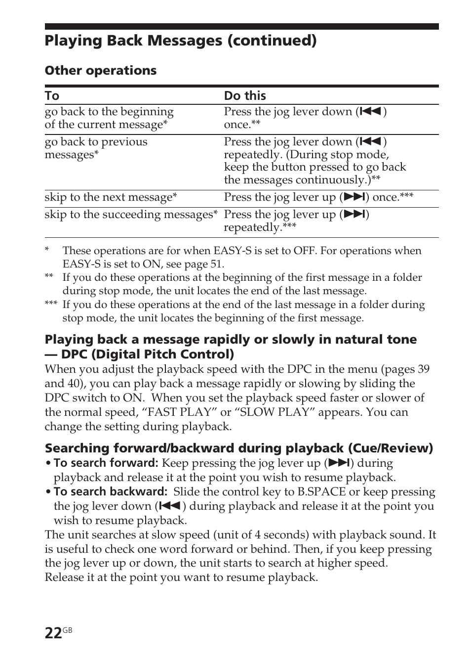 Dpc (digital pitch control), Searching forward/backward, Playing back messages (continued) | Sony ICD-BM1VTP2 User Manual | Page 22 / 68