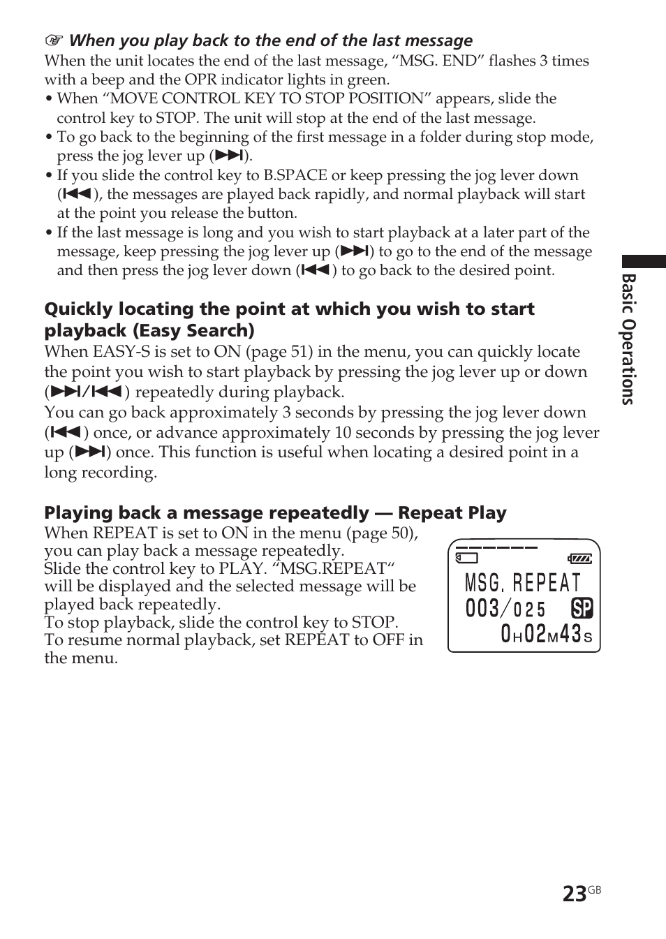 Easy search, Repeat playback | Sony ICD-BM1VTP2 User Manual | Page 23 / 68