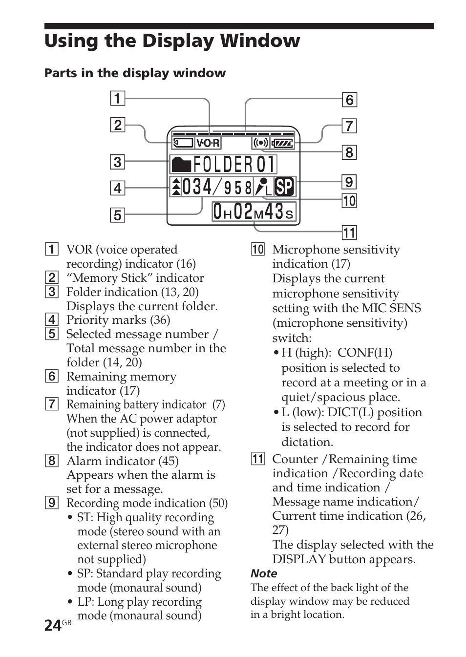 Using the display window, Display window | Sony ICD-BM1VTP2 User Manual | Page 24 / 68