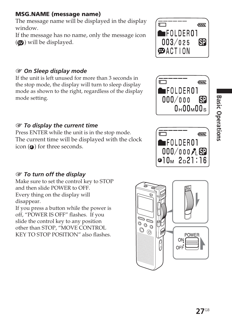 Current time display, Message name display | Sony ICD-BM1VTP2 User Manual | Page 27 / 68