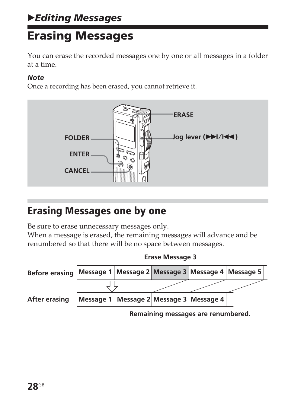 Editing messages, Erasing messages, Erasing messages one by one | Erase, messages, Message, erasing, Bediting messages | Sony ICD-BM1VTP2 User Manual | Page 28 / 68