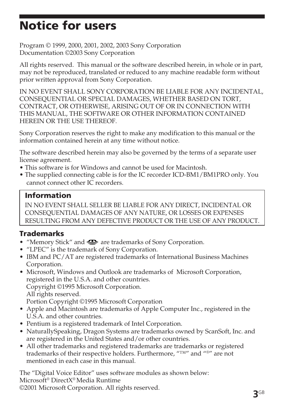 Notice for users | Sony ICD-BM1VTP2 User Manual | Page 3 / 68