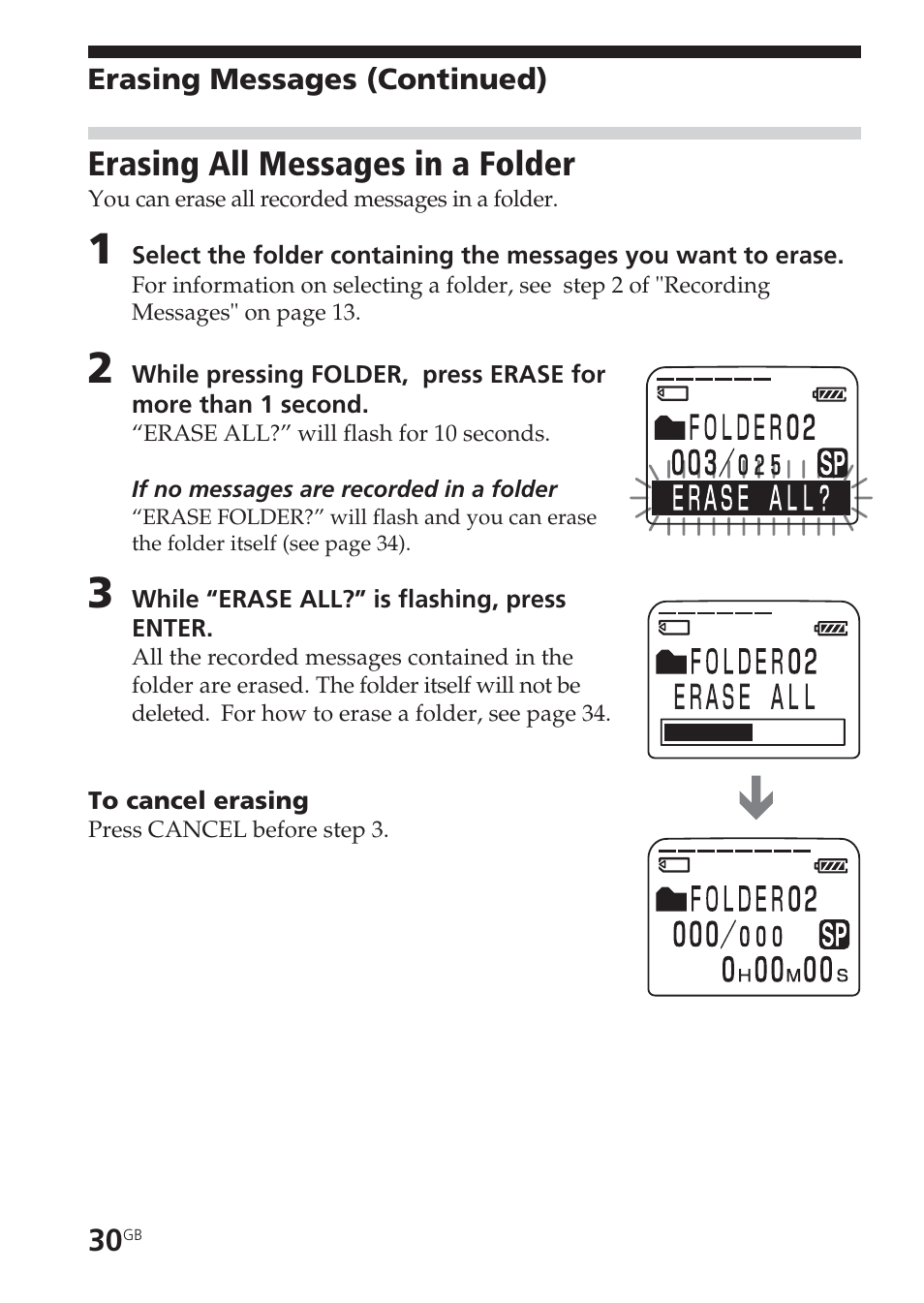 Erasing all messages in a folder | Sony ICD-BM1VTP2 User Manual | Page 30 / 68