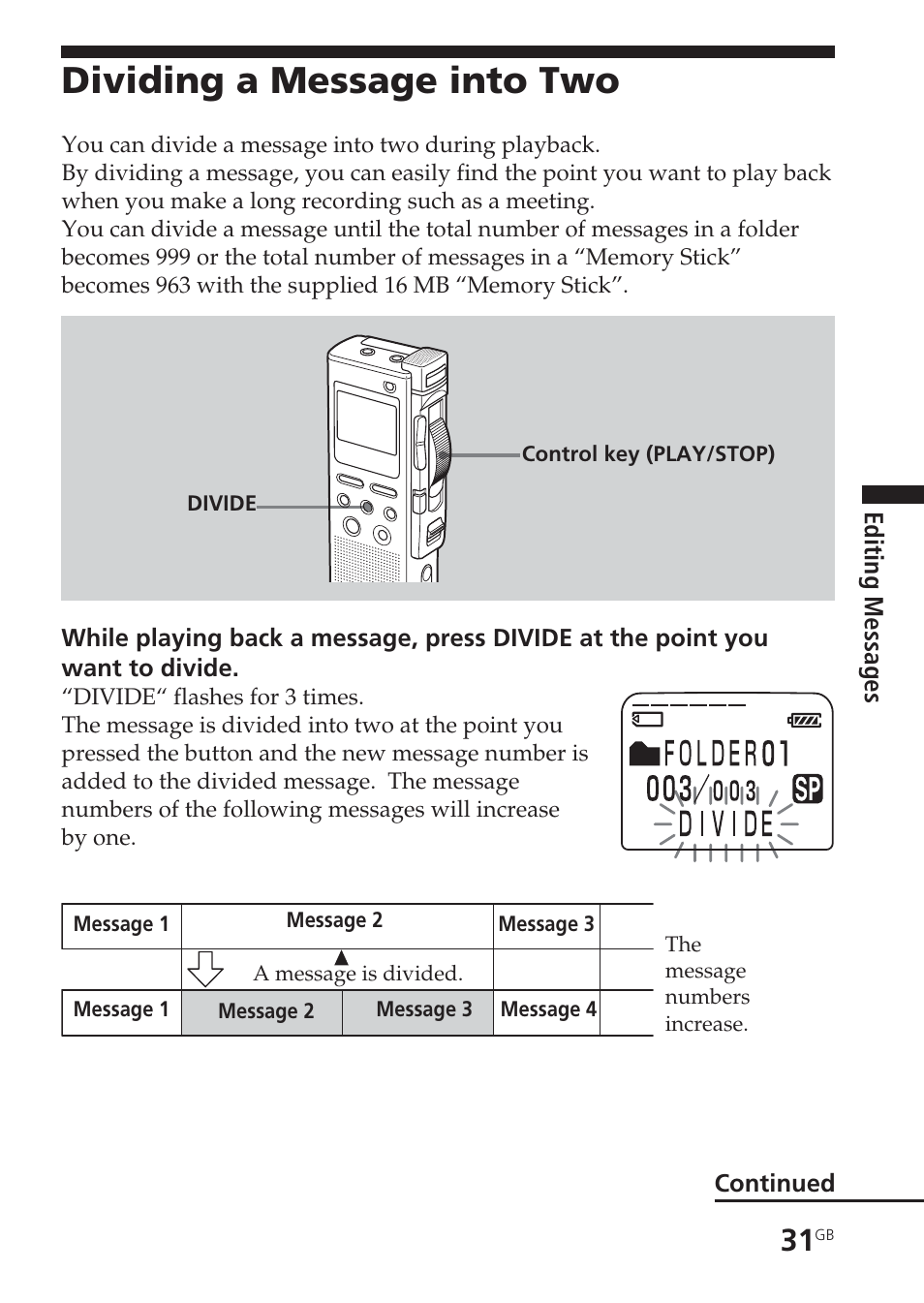 Dividing a message into two, Dividing a message, Message, dividing | Sony ICD-BM1VTP2 User Manual | Page 31 / 68