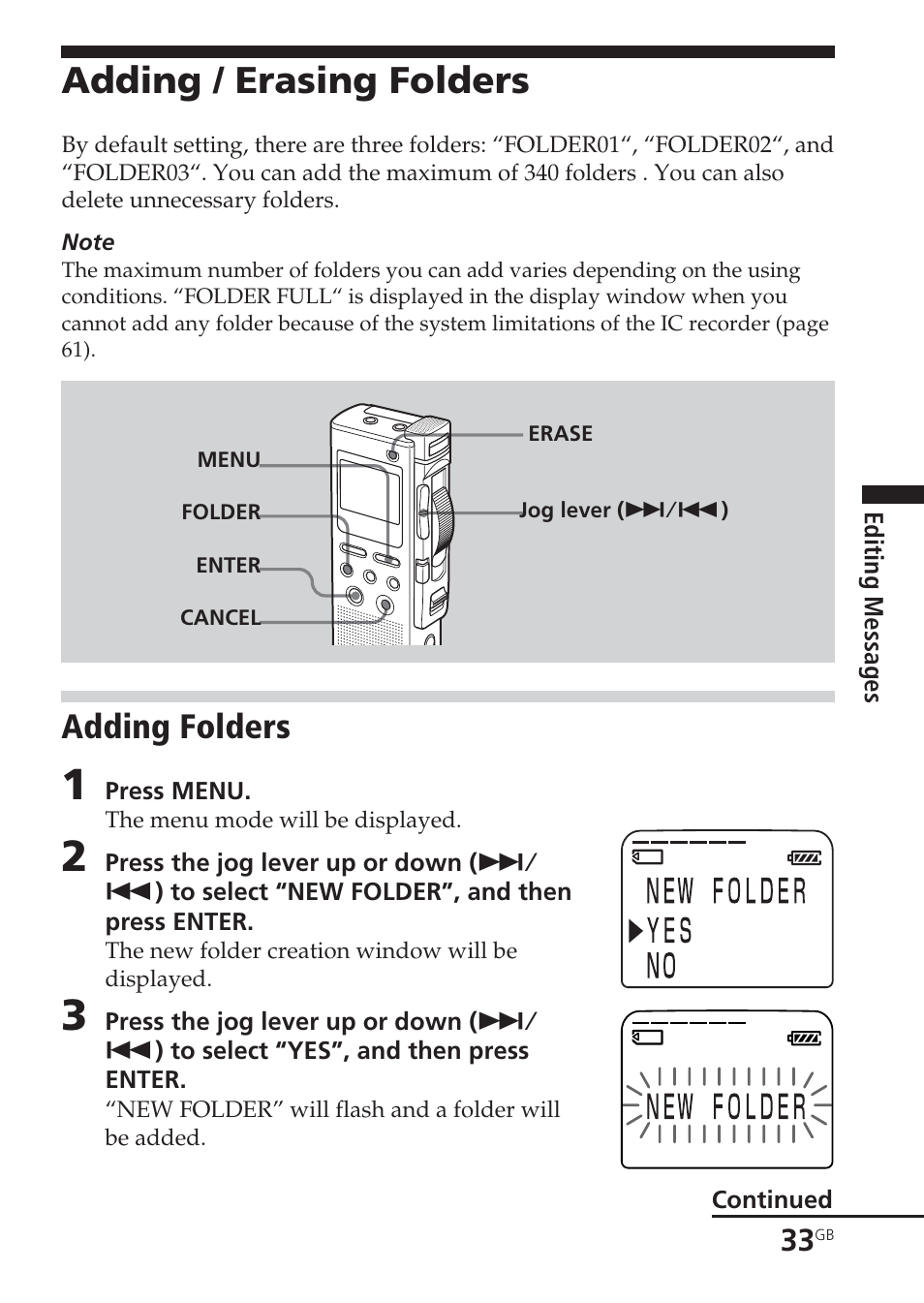 Adding / erasing folders, Adding folders, Add, folders | Folder, adding/erasing | Sony ICD-BM1VTP2 User Manual | Page 33 / 68