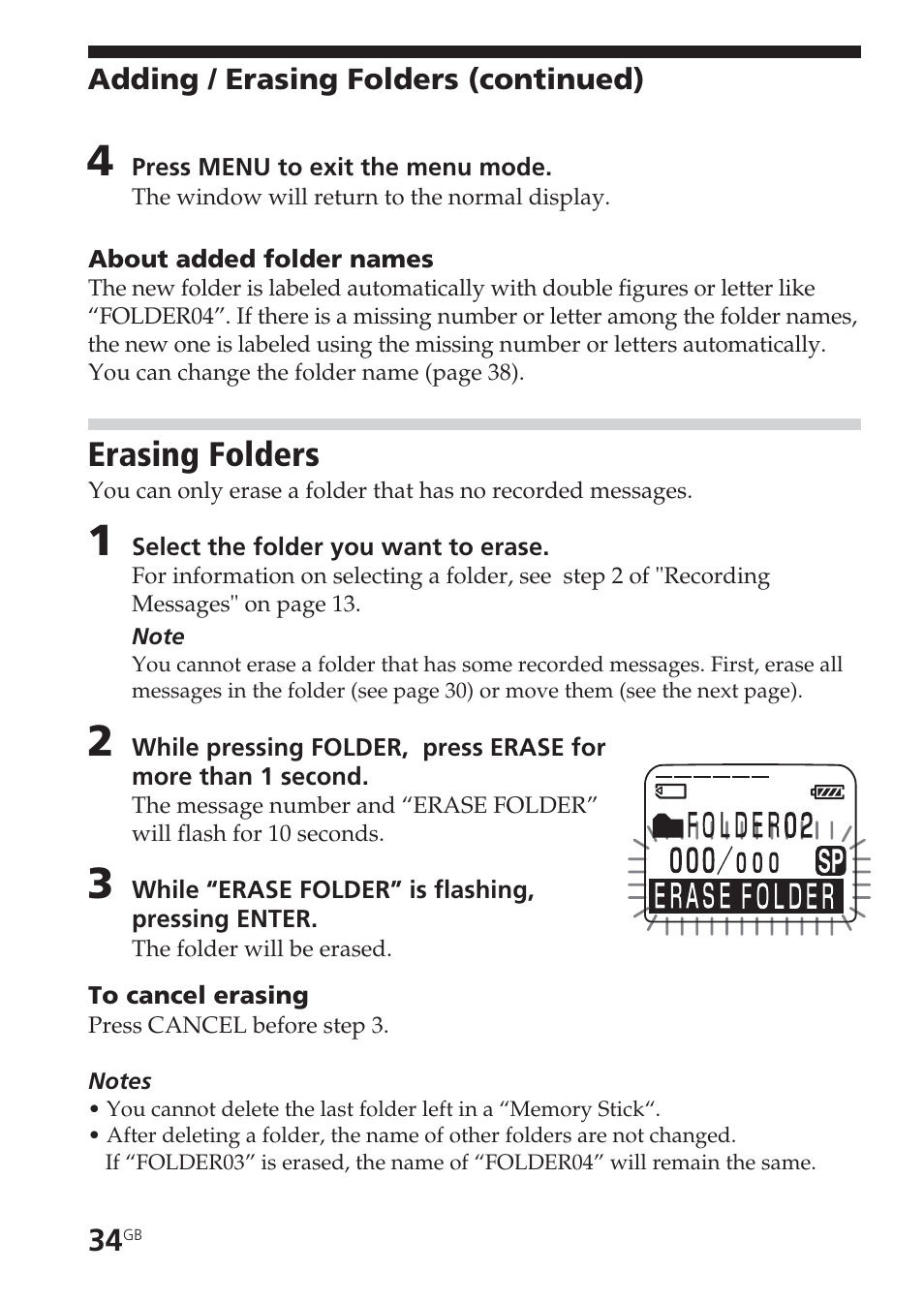 Erasing folders, Erase, folders | Sony ICD-BM1VTP2 User Manual | Page 34 / 68