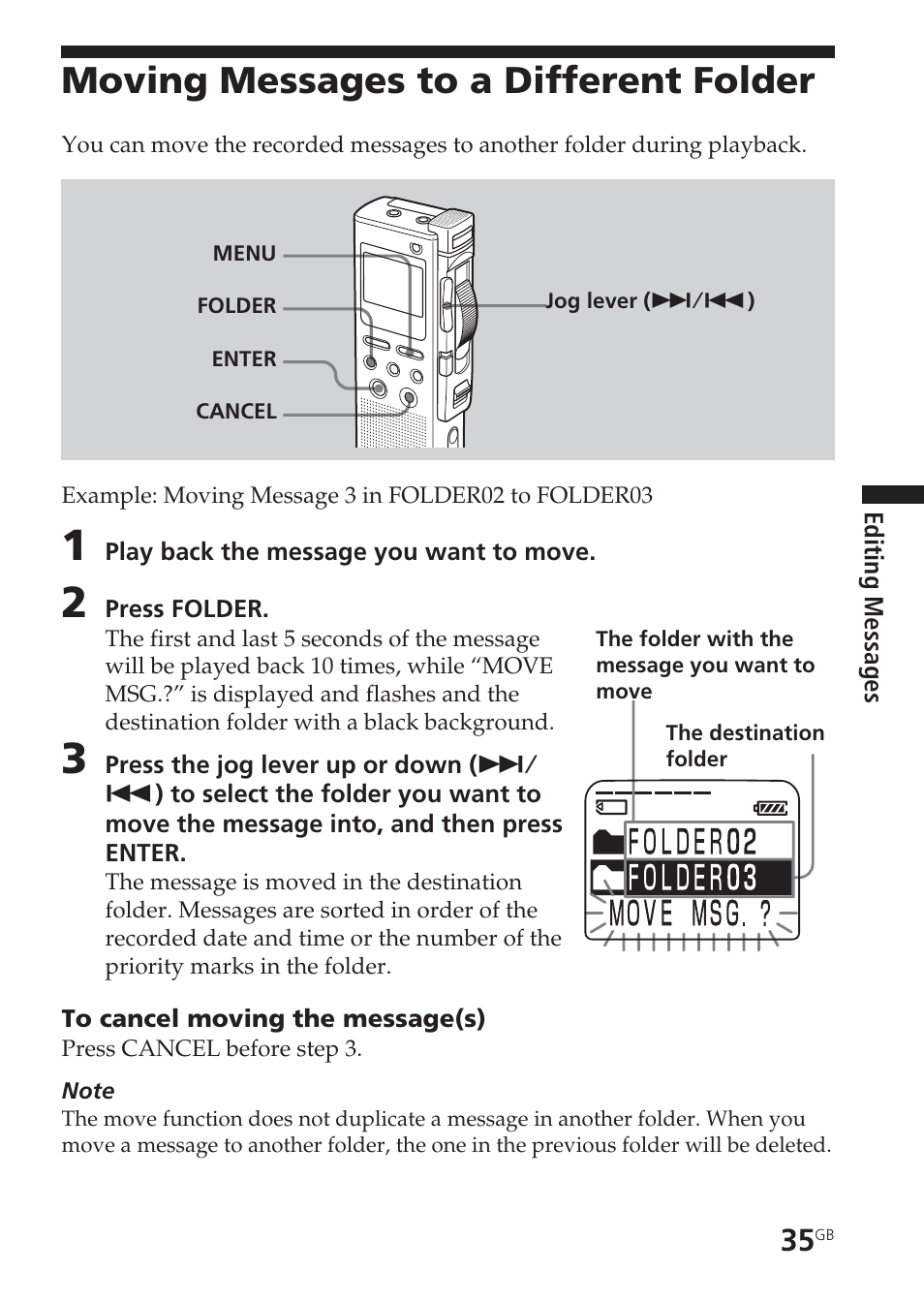 Moving messages to a different folder, Message, moving, Moving a message | Sony ICD-BM1VTP2 User Manual | Page 35 / 68