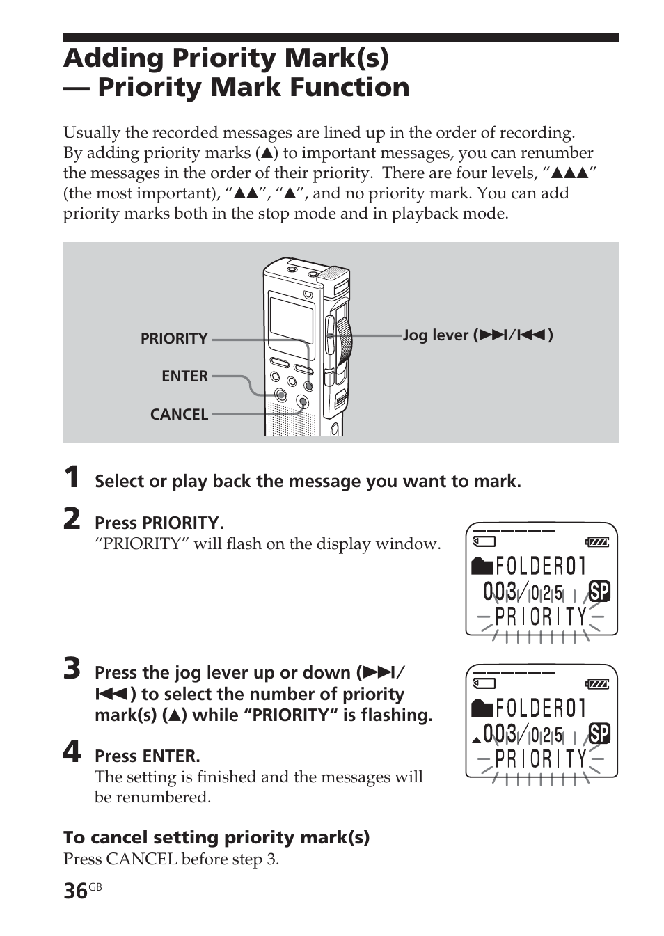 Adding priority mark(s) — priority mark function, Add, priority, Priority mark | Adding priority mark(s), Priority mark function | Sony ICD-BM1VTP2 User Manual | Page 36 / 68