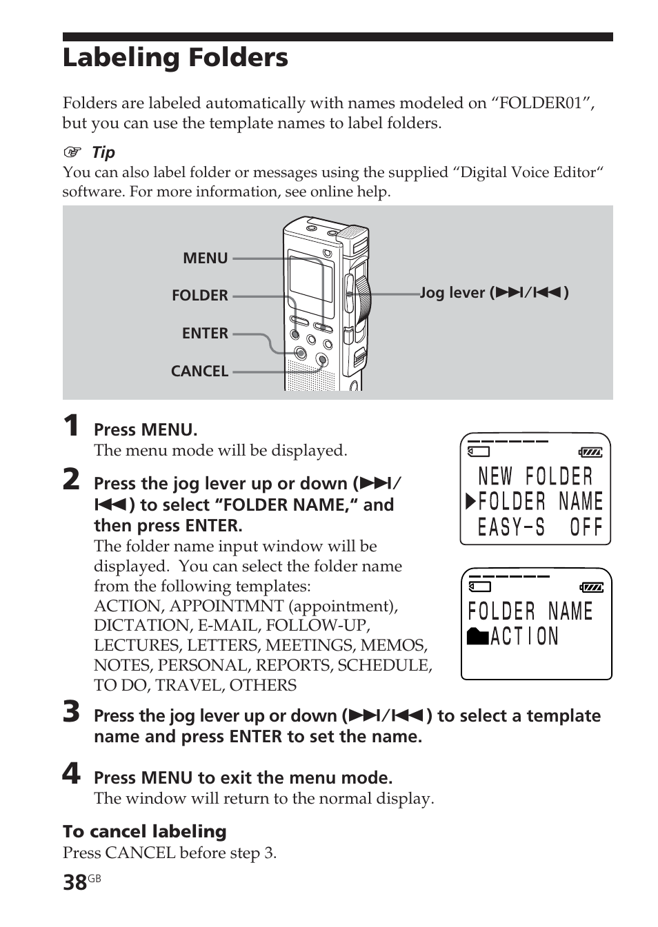 Labeling folders, Folder, labeling, Folder name | Sony ICD-BM1VTP2 User Manual | Page 38 / 68