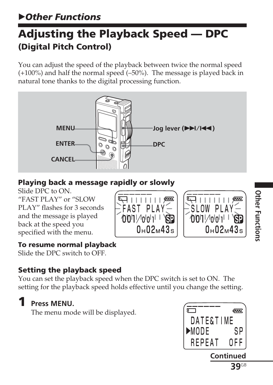 Other functions, Playback speed, Adjusting the playback speed — dpc | Digital pitch control), Bother functions | Sony ICD-BM1VTP2 User Manual | Page 39 / 68