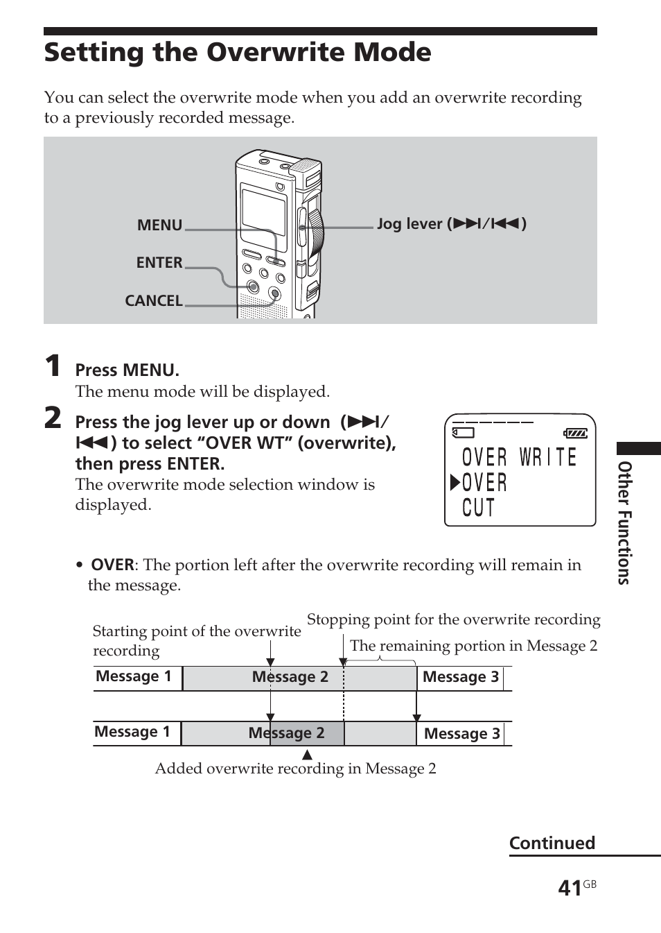 Setting the overwrite mode | Sony ICD-BM1VTP2 User Manual | Page 41 / 68