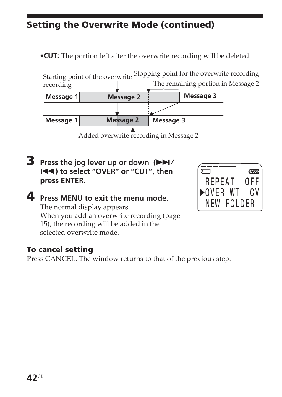 Setting the overwrite mode (continued) | Sony ICD-BM1VTP2 User Manual | Page 42 / 68