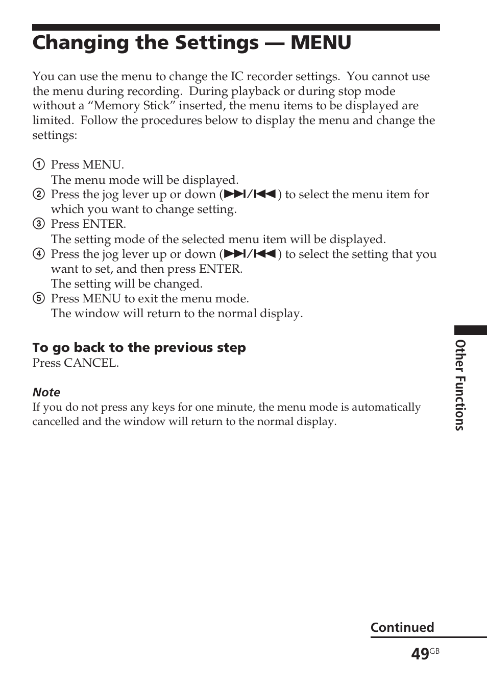 Changing the settings — menu, Menu | Sony ICD-BM1VTP2 User Manual | Page 49 / 68