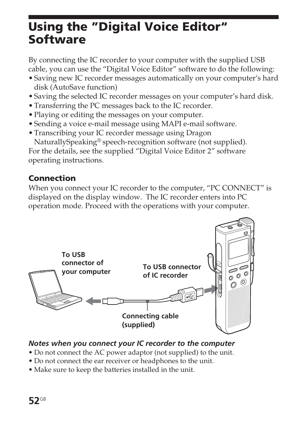 Using the ”digital voice editor“ software, Connecting, computer, Digital voice editor | Usb cable | Sony ICD-BM1VTP2 User Manual | Page 52 / 68