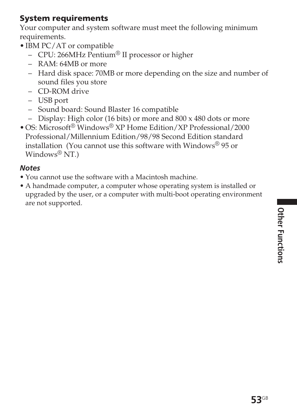 System requirements, Other functions | Sony ICD-BM1VTP2 User Manual | Page 53 / 68