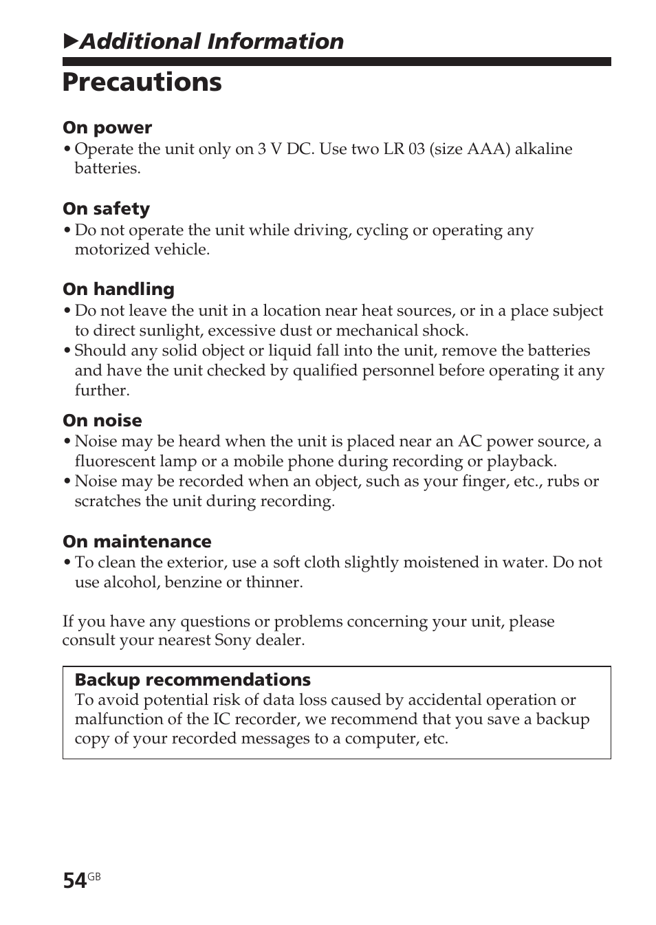 Additional information, Precautions, Badditional information | Sony ICD-BM1VTP2 User Manual | Page 54 / 68