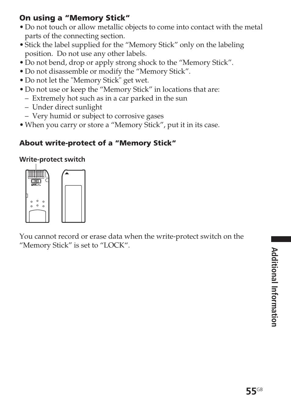 Memory stick“, notes on use, Memory stick“, write-protect switch | Sony ICD-BM1VTP2 User Manual | Page 55 / 68