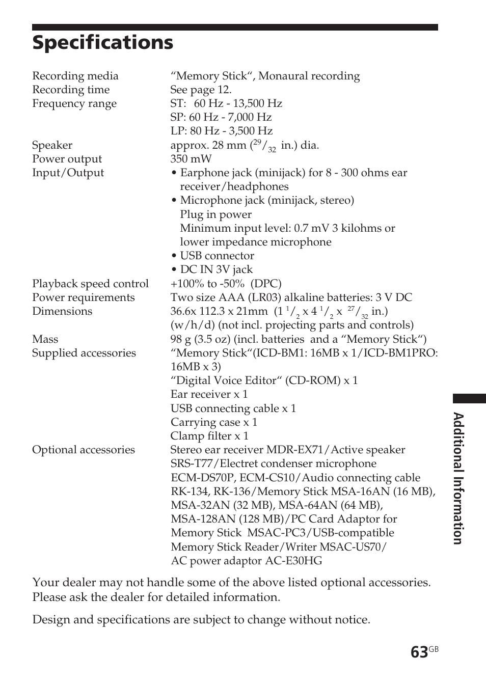 Specifications, Additional informatio n | Sony ICD-BM1VTP2 User Manual | Page 63 / 68