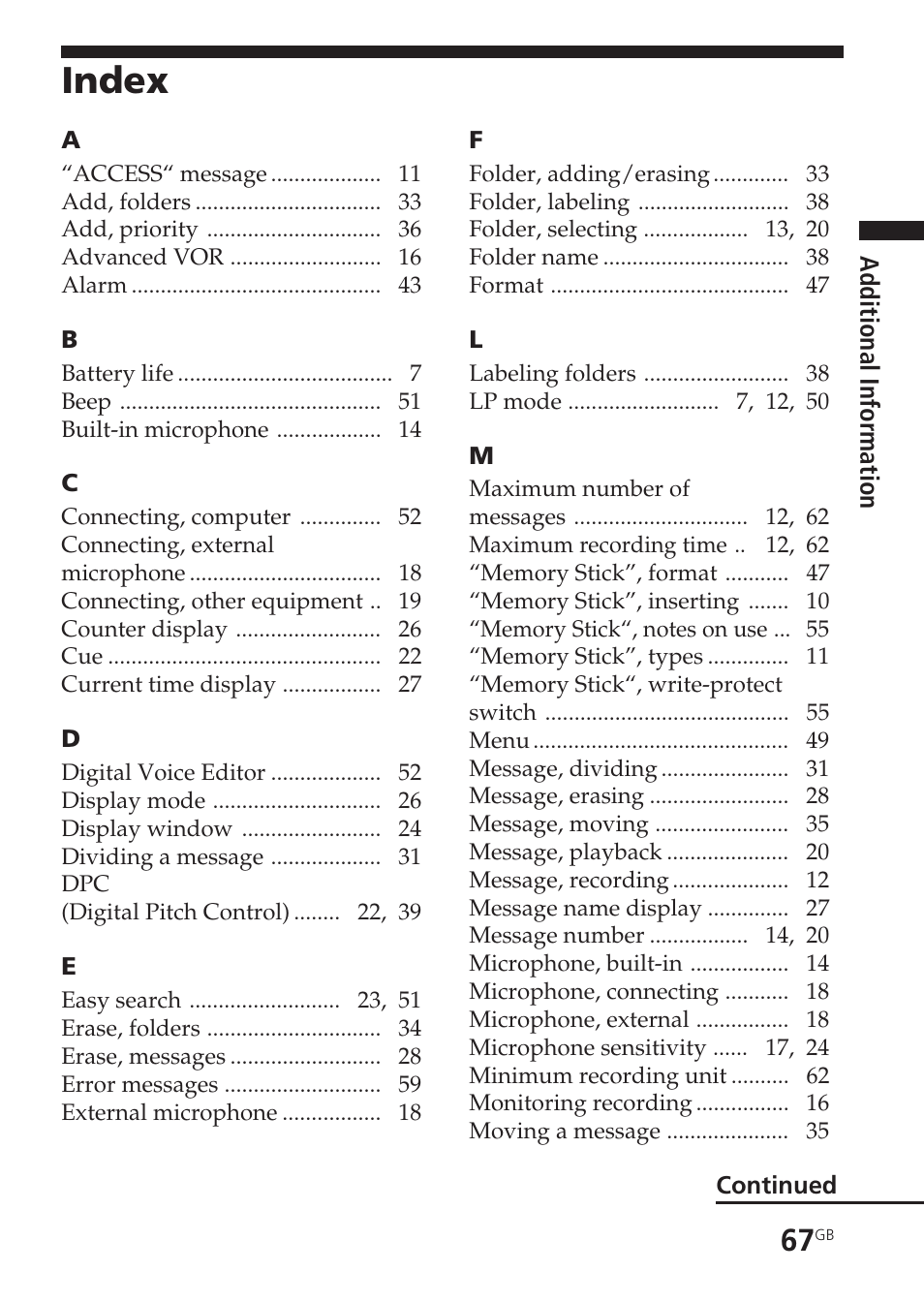 Index | Sony ICD-BM1VTP2 User Manual | Page 67 / 68