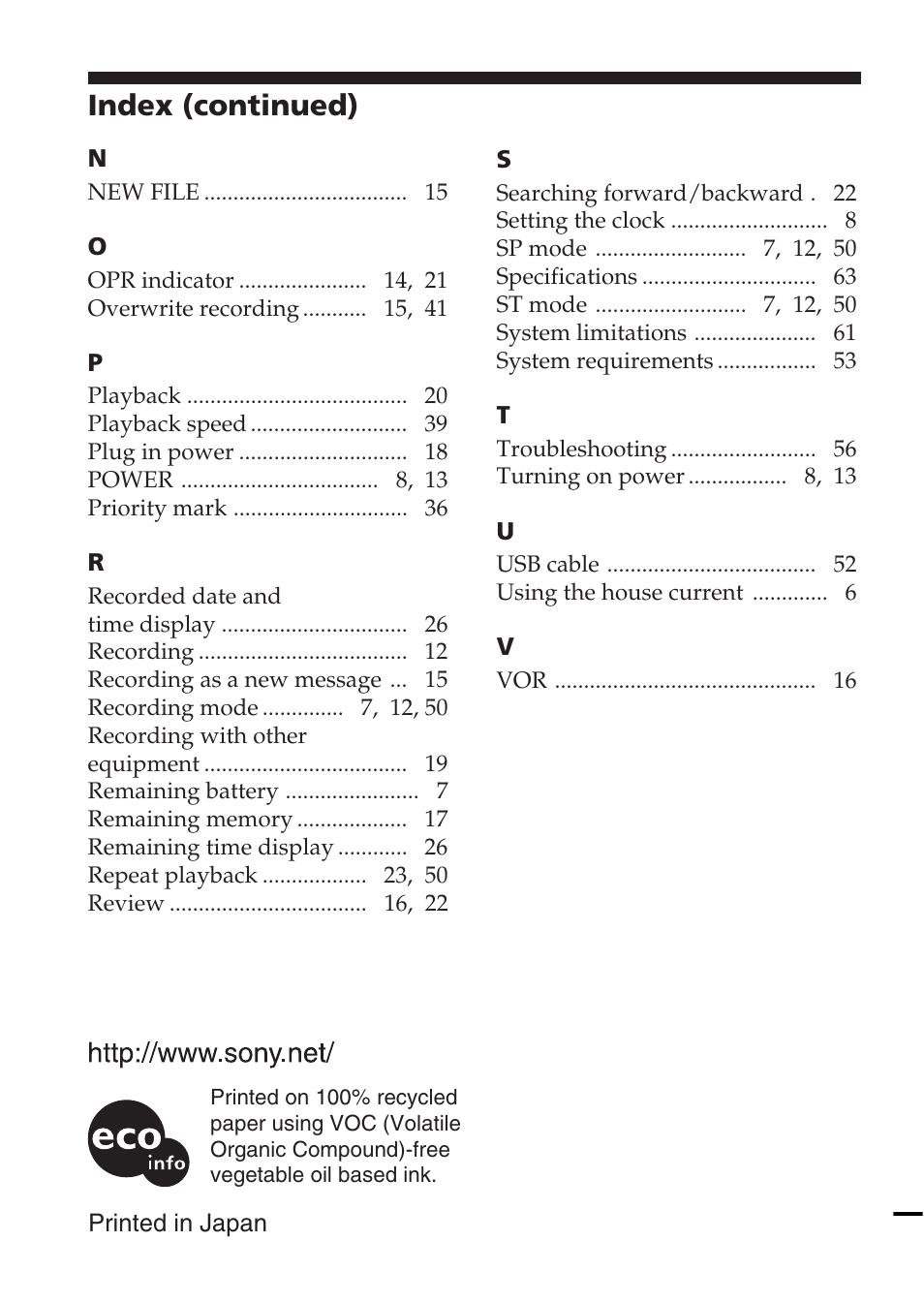 Index (continued) | Sony ICD-BM1VTP2 User Manual | Page 68 / 68