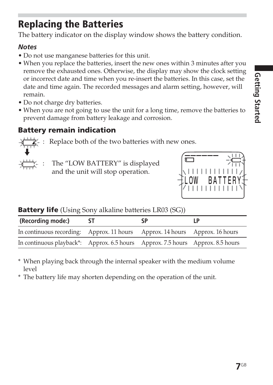 Replacing the batteries, Battery life, Lp mode | Recording mode, Remaining battery, Sp mode, St mode | Sony ICD-BM1VTP2 User Manual | Page 7 / 68