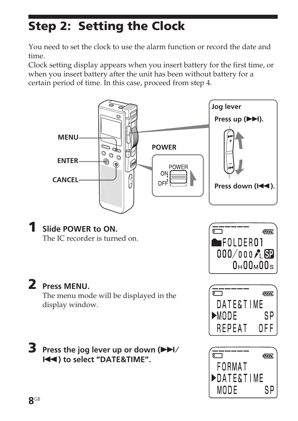 Step 2: setting the clock, Power, Setting the clock | Turning on power | Sony ICD-BM1VTP2 User Manual | Page 8 / 68