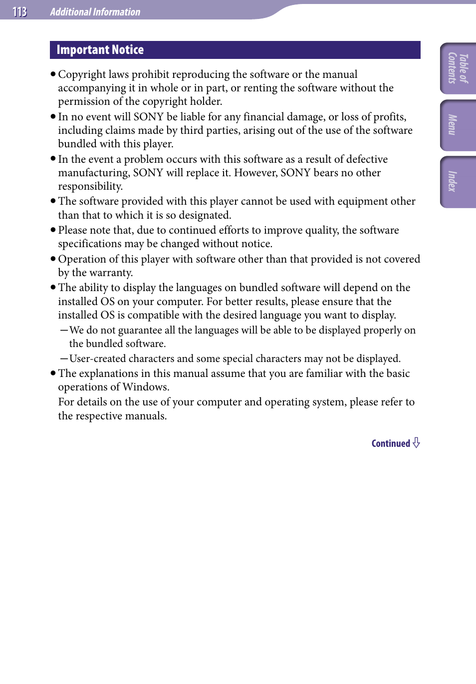 Important notice | Sony NWZ-E436FBLK User Manual | Page 113 / 126