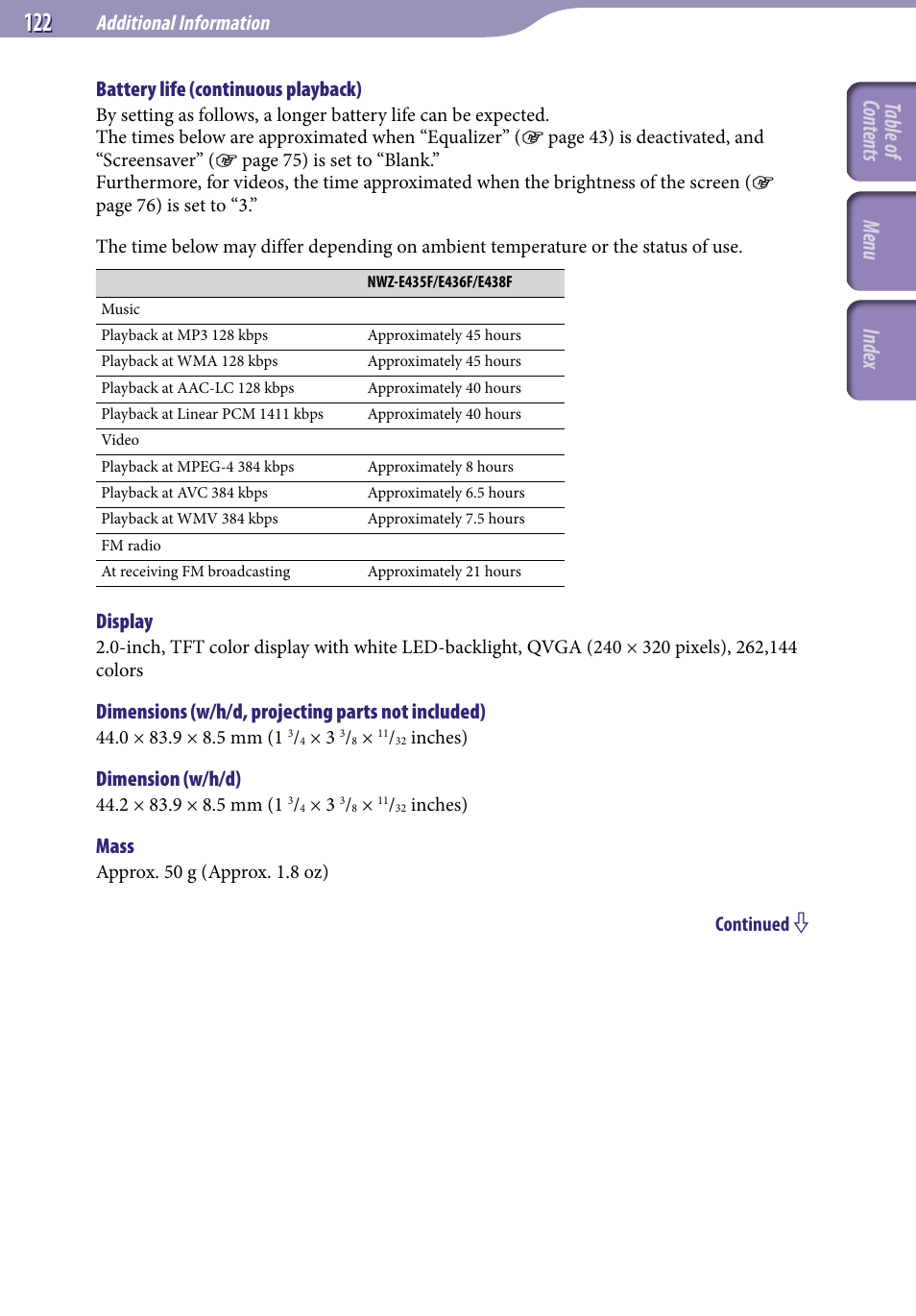 Table of cont ents men u inde x, Additional information, Battery life (continuous playback) | Display, Dimensions (w/h/d, projecting parts not included), Dimension (w/h/d), Mass | Sony NWZ-E436FBLK User Manual | Page 122 / 126