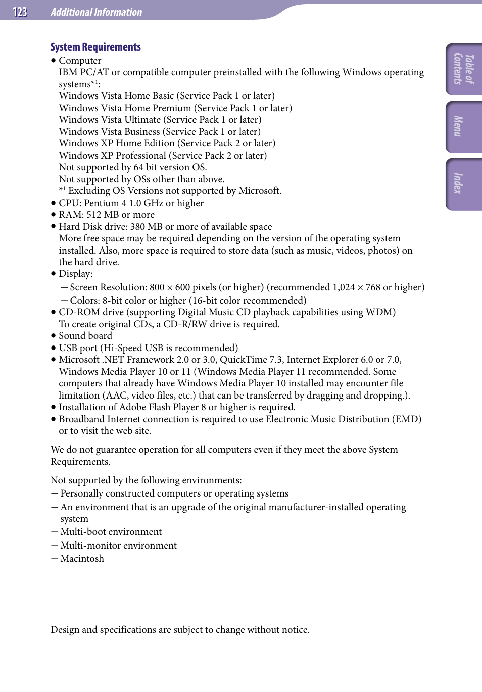 Table of cont ents men u inde x | Sony NWZ-E436FBLK User Manual | Page 123 / 126