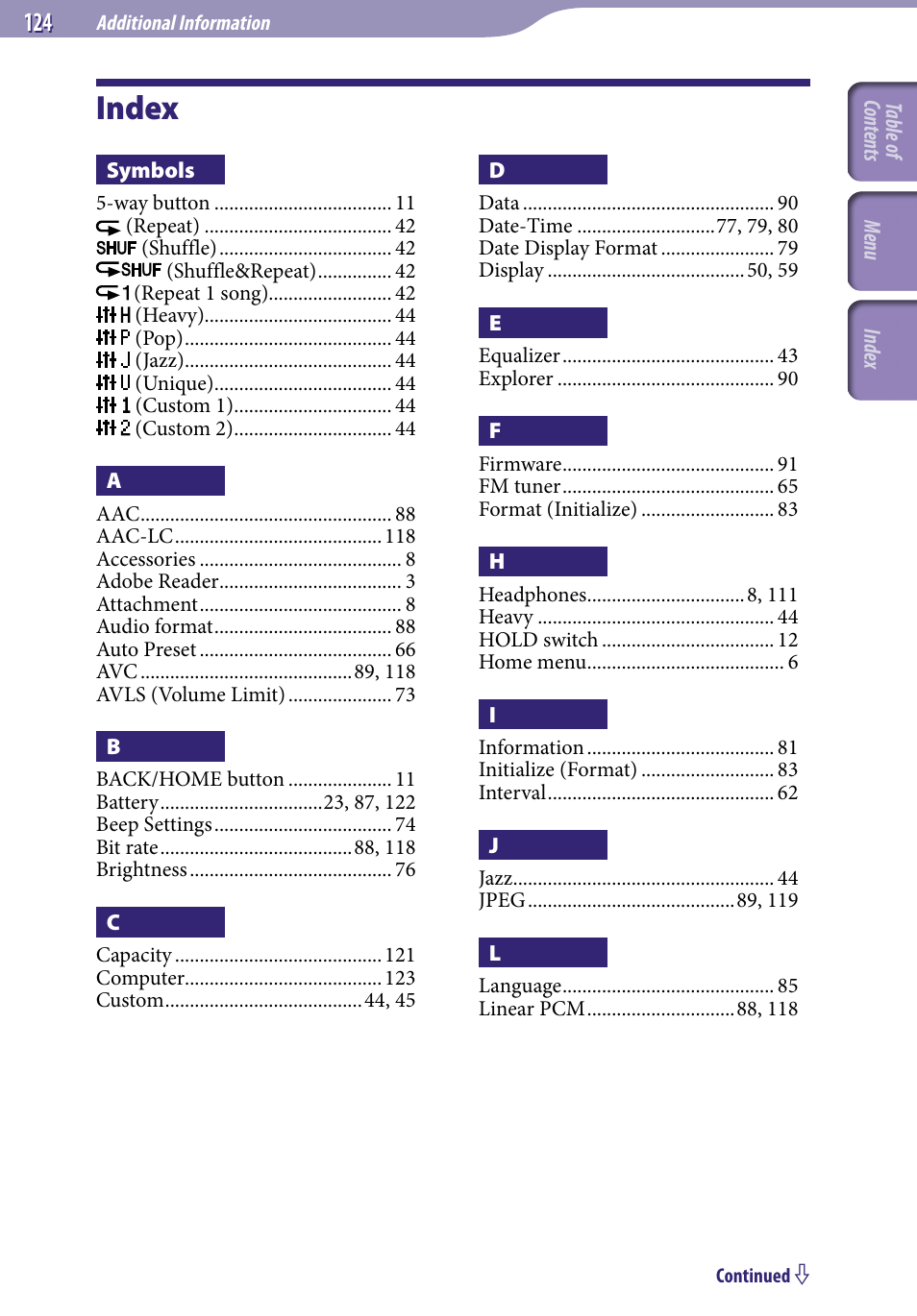 Index | Sony NWZ-E436FBLK User Manual | Page 124 / 126