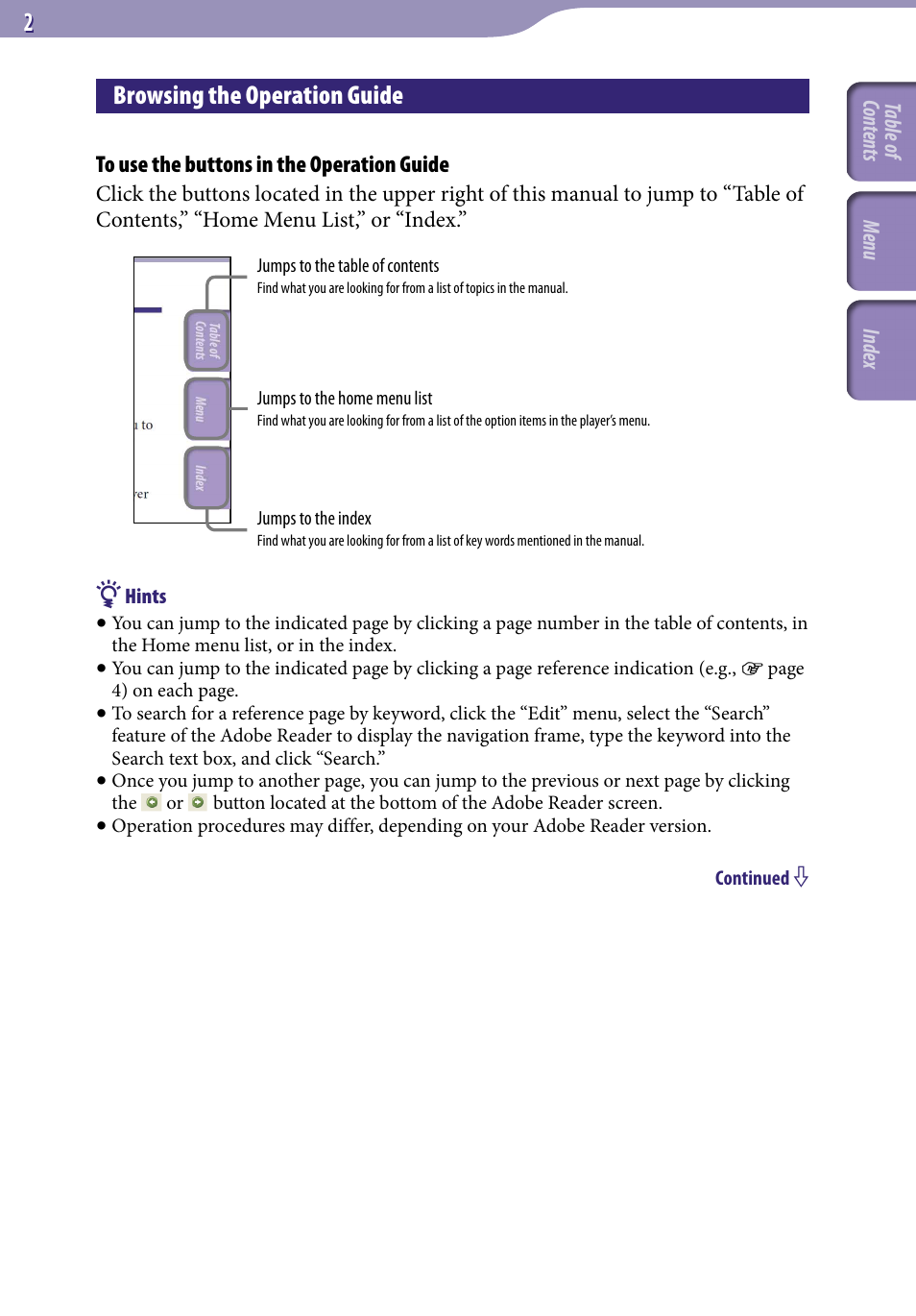 Browsing the operation guide | Sony NWZ-E436FBLK User Manual | Page 2 / 126