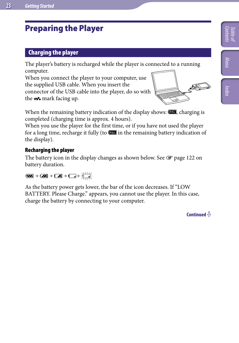 Getting started, Preparing the player, Charging the player | Sony NWZ-E436FBLK User Manual | Page 23 / 126